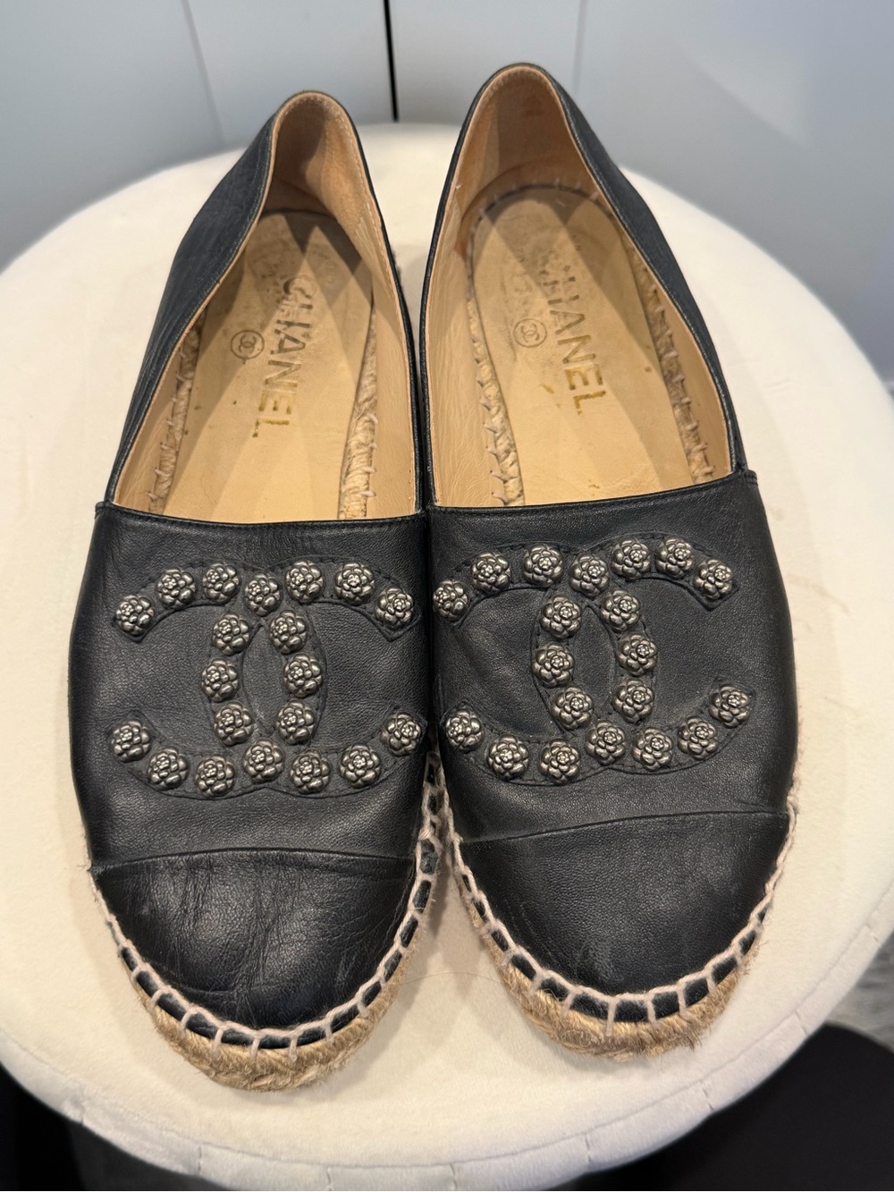 CHANEL Black Leather Espadrille Flats with Silver Camellia-Stud CC
